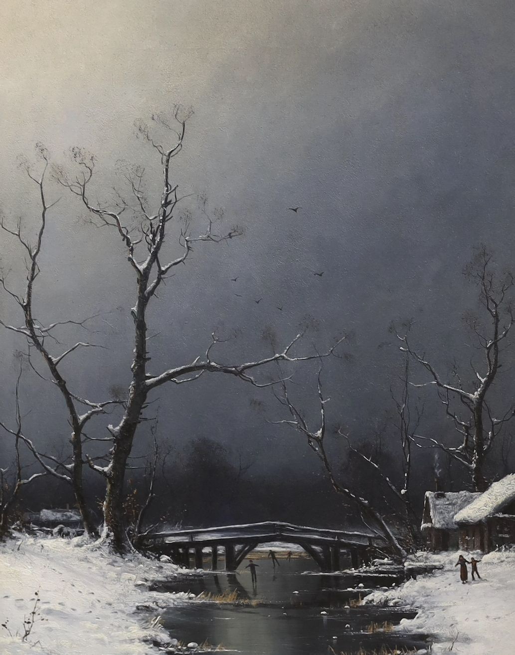 Nils H. Christiansen (Danish, 1850-1922), oil on canvas, Skaters beside a bridge, signed, 53 x 42cm
